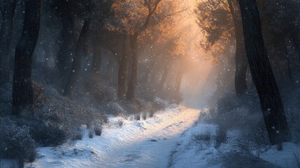 Wall Mural - Enchanted Winter Forest Path: A Serene Snowfall at Golden Hour