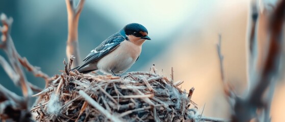 A small bird perches confidently on a nest of twigs with a blurred background of soft oranges and blues, conveying a gentle and tranquil setting.