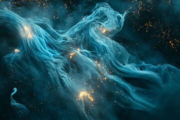 Ethereal blue smoke and plasma swirling against a dark cosmic background with sparkling particles