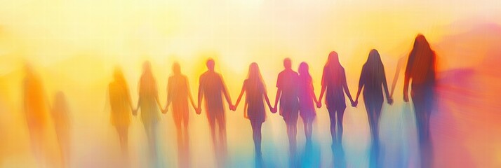 Poster - Silhouettes of people holding hands in warm hues during an abstract sunset gathering. Generative AI
