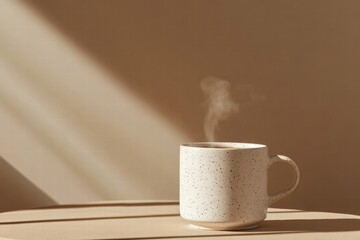Fototapete - Hot coffee in a textured mug resting on a light wooden table during morning light. Generative AI