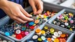 © Pannee - Fashion designer selecting vibrant buttons and zippers at a supply store