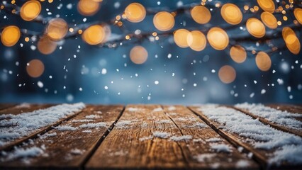 Wall Mural - Rustic wood board mockup surface with snow and gold bokeh lights background