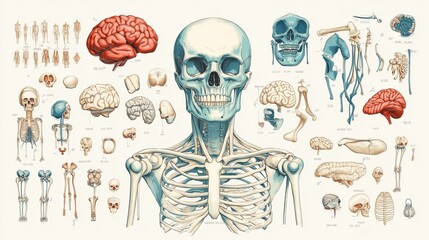 Aufkleber - Detailed anatomical illustration showcasing human skeletal and nervous systems with various organs and structures labeled. Generative AI