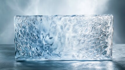 Poster - Large, translucent ice block with textured surface on a gray background.