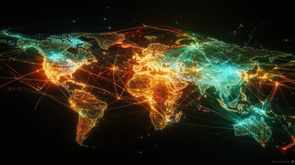 Global network connections glowing map, digital data flow, dark background, technology concept