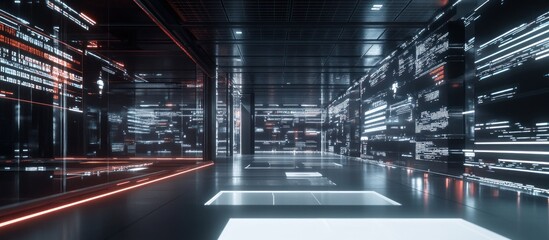 Futuristic data center corridor; glowing code walls; digital background; tech concept