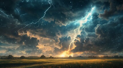 Wall Mural - Dramatic Lightning Storm over Open Field with Starry Sky and Dark Clouds Landscape