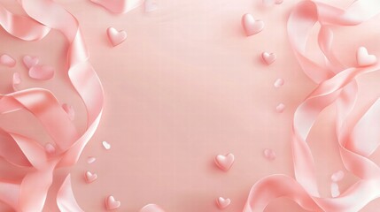 Poster - Soft pink hearts and ribbons create a romantic background for celebrations or special occasions in a delicate setting. Generative AI