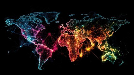 Global network connections map, glowing, dark background, data visualization