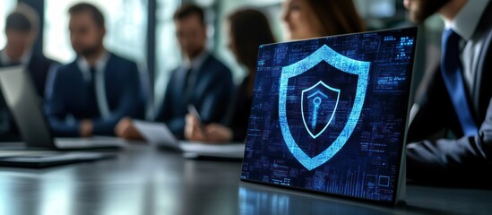 Laptop displays cyber security shield; meeting background