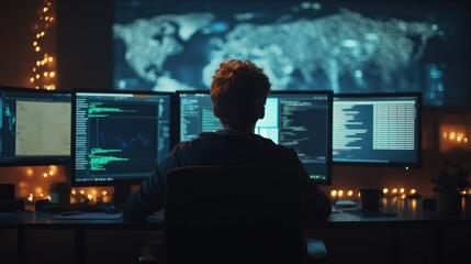 Coder works late, global data map background