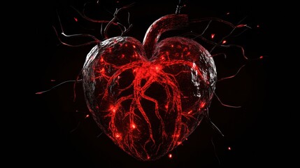 Aufkleber - Heart illuminated with glowing veins and intricate details creates a stunning visual in dark surroundings. Generative AI