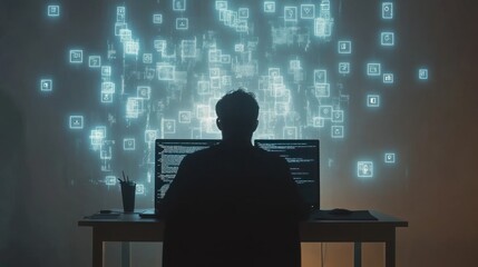 Programmer coding, data stream wall, night office, cybersecurity