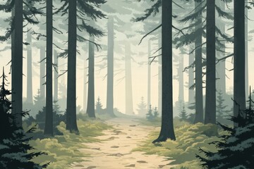 Poster - Winding forest trail leads through tall trees in a serene natural setting at dawn. Generative AI