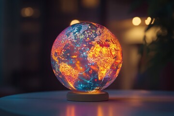 Sticker - Illuminated Earth globe on table, warm bokeh background, global connection concept