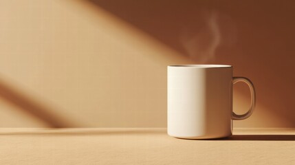 Aufkleber - Steaming mug of coffee placed on a wooden surface illuminated by warm afternoon sunlight. Generative AI