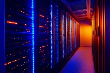 futuristic data center glowing streams and servers in a dark room with blue and orange lighting