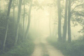 Aufkleber - Winding forest trail surrounded by tall trees in soft morning fog. Generative AI
