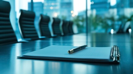 Poster - Empty conference room table with pen and papers, city view.
