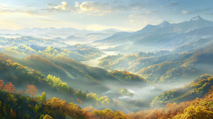 Wall Mural - Misty Autumn Mountain Valley at Sunrise