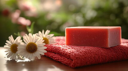 Handcrafted herbal red color soap on ted pink towel with blossoming flowers and spa setting, indoor garden background 