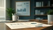 © STwul - Modern office desk, financial report, charts, bookshelf, meeting preparation