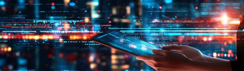 Hands holding tablet displaying digital data streams and city lights.