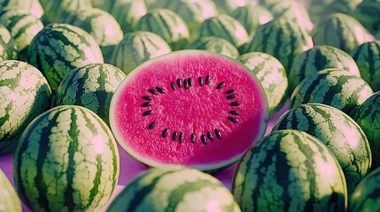 Wall Mural -  Watermelon split into halves atop a pile of others in background