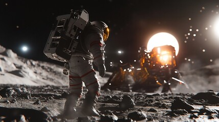 Wall Mural - Astronaut on a rocky moon surface with bright lunar lander and moon background