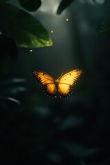 Sticker - Glowing butterfly in dark forest, surrounded by leaves.