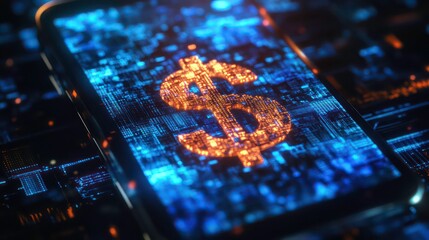 Poster - Digital dollar sign glowing on a smartphone screen, signifying mobile payments and digital currency.
