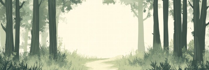 Poster - Forest trail winds through tall trees creating a serene walking path in early morning light. Generative AI