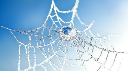 close up view of dew covered spider web glistening in sunlight, showcasing intricate patterns and droplets
