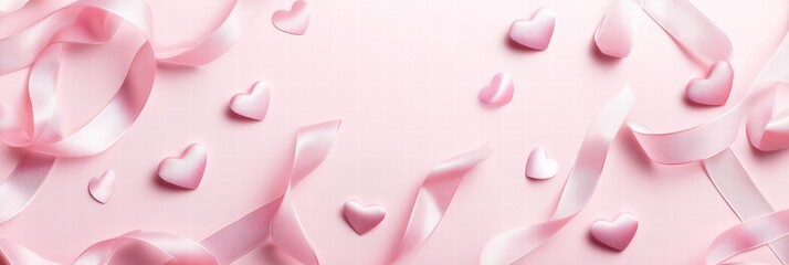 Leinwandbilder - Decorative pink hearts and ribbons scattered on a soft pink background for celebrations or special occasions. Generative AI
