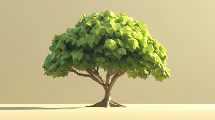 Aufkleber - Low-poly 3D model of a tree with green leaves on a beige background.