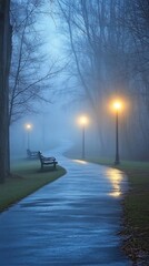 Sticker - Foggy park path at twilight, benches