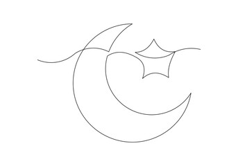 Wall Mural - Continuous single line sketch drawing of moon crescent and star ramadhan kareem ied mubarak islamic symbol one line art vector illustration