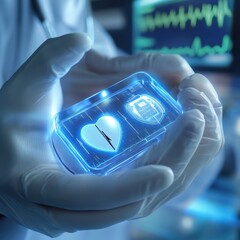 Fototapete - Medical professional holding advanced technology for heart monitoring in a modern healthcare facility. Generative AI