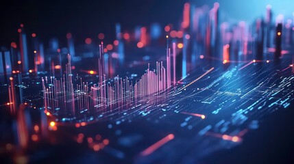 Poster - Abstract digital data visualization with glowing lines and points forming a city-like landscape.
