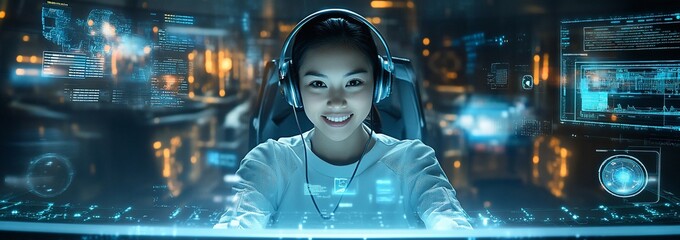 Smiling woman gamer with headset using futuristic computer interface.