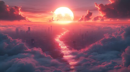 Wall Mural - sunset city river cloudscape fantasy art