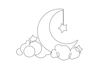 Wall Mural - Continuous single line sketch drawing of moon crescent and star ramadhan kareem ied mubarak islamic symbol one line art vector illustration