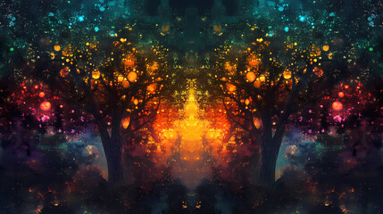 Poster - Magical fantasy wood, large treest and dark colors, ai generated. Enchanted Fairy Forest. Illustration