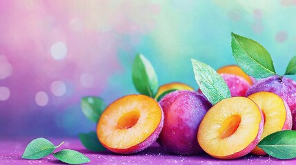 Wall Mural -   Close-up shot of colorful fruits on a purple background, adorned with green leaves atop the juiciest one