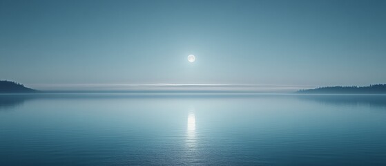 Wall Mural - A tranquil seascape stretches into the horizon as a radiant full moon casts its reflection on the calm waters under a velvety blue sky.