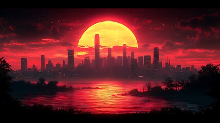 Wall Mural - Red moonrise over cityscape, waterfront, night