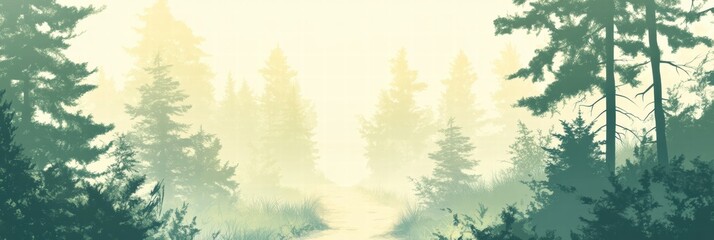 Aufkleber - Winding forest trail surrounded by tall trees and soft mist in early morning light. Generative AI