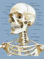 Aufkleber - Detailed anatomical illustration of human skeleton showcasing skull and vertebral column for educational purposes. Generative AI