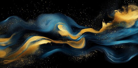 Wall Mural - A dynamic artwork showcasing a blue and yellow abstract wave, enhanced with splashes and particles for a vivid effect